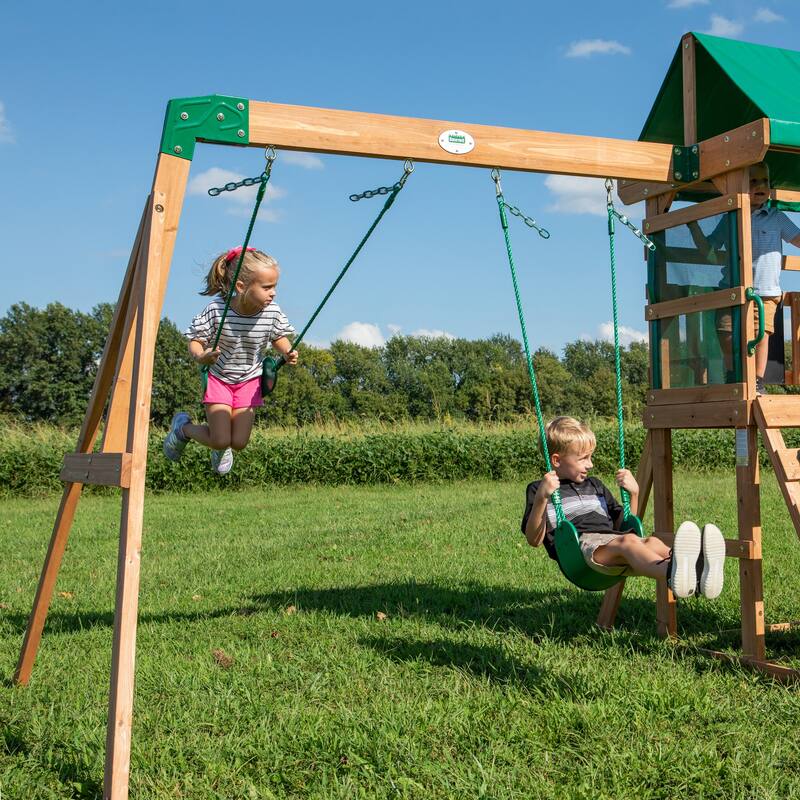 Backyard Discovery Buckley Hill Cedar Wood Swing Set, Slide, Play Deck - 10'3" x 8'11"