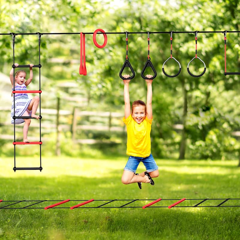 50ft Ninja Warrior Obstacle Course for Kids with Suspension Bridge Tree Slackline Jungle Gym for Backyard