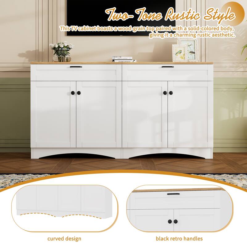 Farmhouse Style TV Stand Versatile Wood Grain Sideboard, for TVs up to 70 Inches with 2 Drawers, for Living Room/Bedroom, White