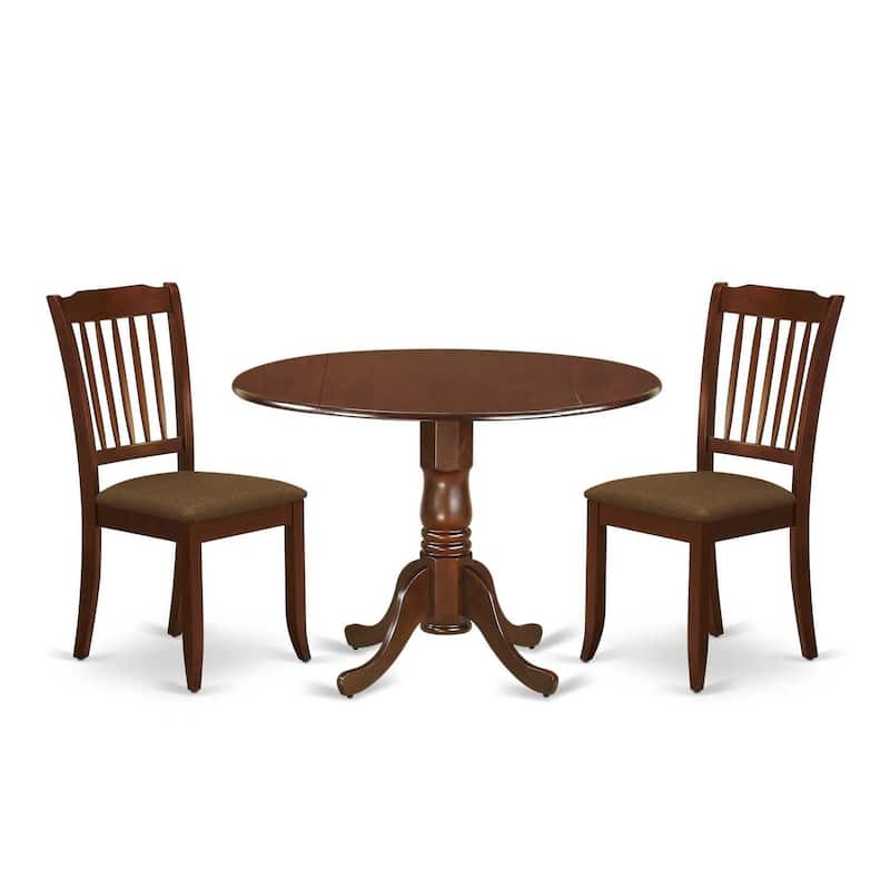 Round Dinette Set with Drop Leaf Table & 2 Linen Dining Chairs - Mahogany Finish