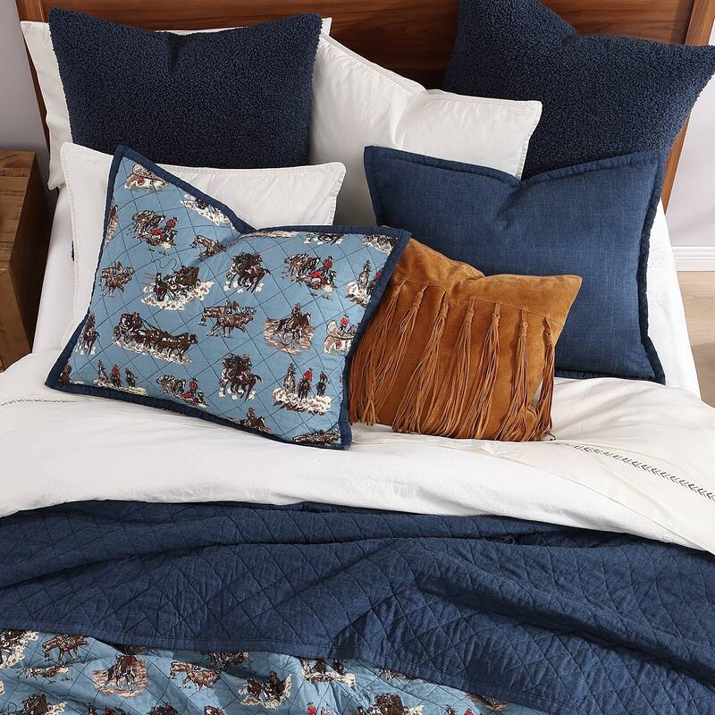 Tasha Polizzi Settler Blue Western Print and Solid Chambray Back 3 Piece Reversible Quilt with Pillow Shams