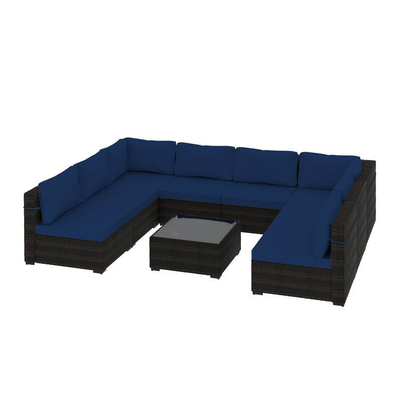UPHA 9 Pieces Patio Furniture Set Outdoor Sectional Sofa Set, Brown PE Rattan Wicker Conversation Set with Coffee Table - Navy Blue