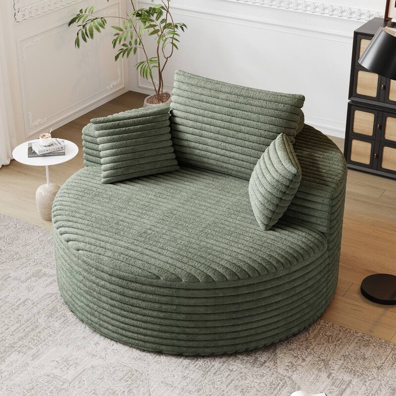 Corduroy Upholstered Single Sofa, Oversized Fluffy Sleeper Chair, Round Reading Chair with Headrest & 2 Pillow