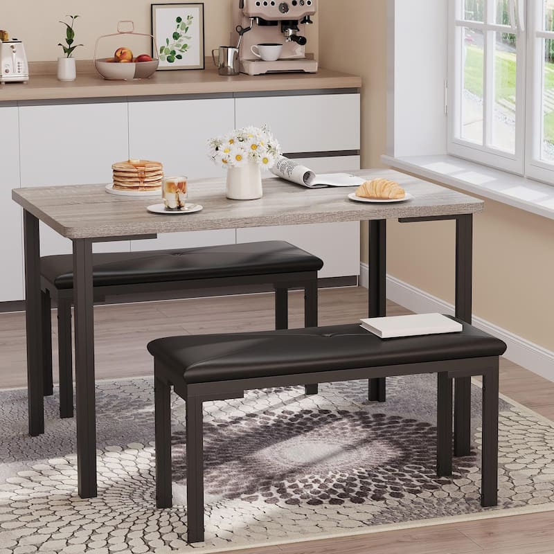 Dining Table Set for 4, Kitchen Table with 2 Benches with Metal Frame, Space-Saving