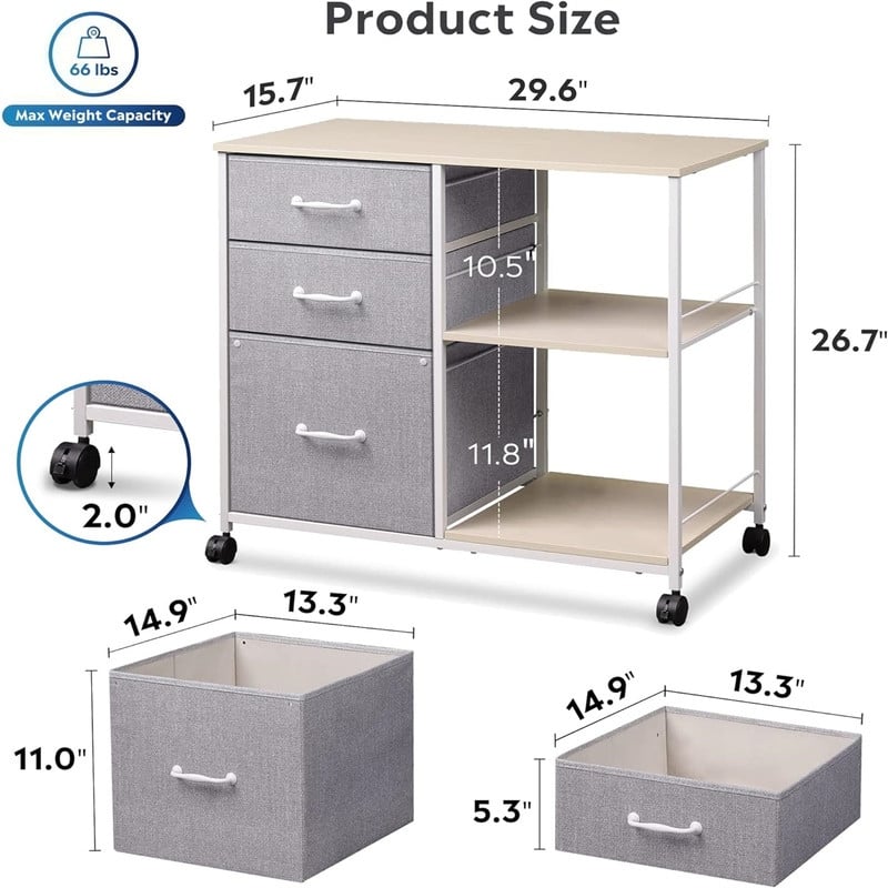 3 Drawer Mobile File Cabinet - 15.75"D x 29.53"W x 26.77"H