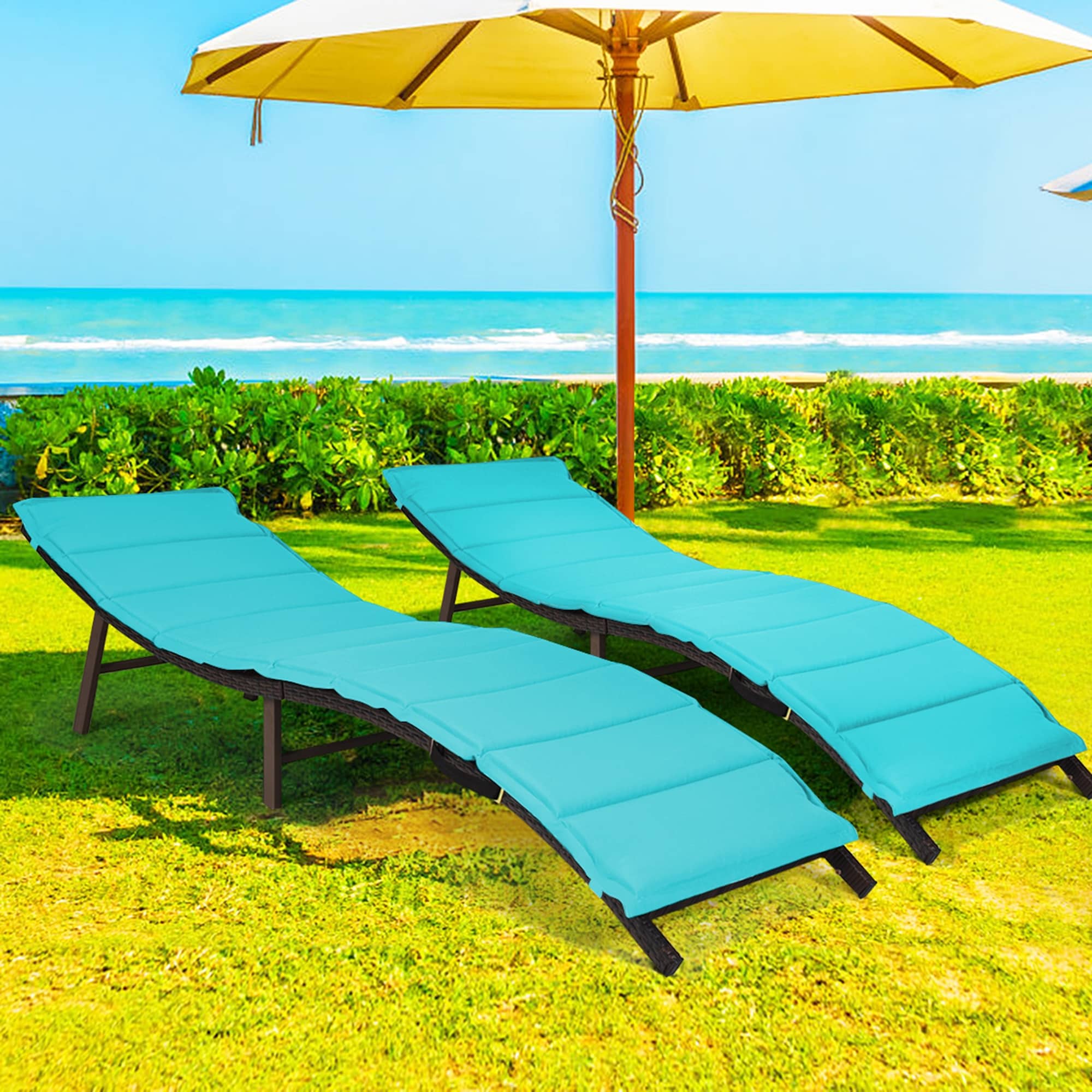 Gymax Set of 2 Folding Wicker Chaise Portable Lounge Chair w 81