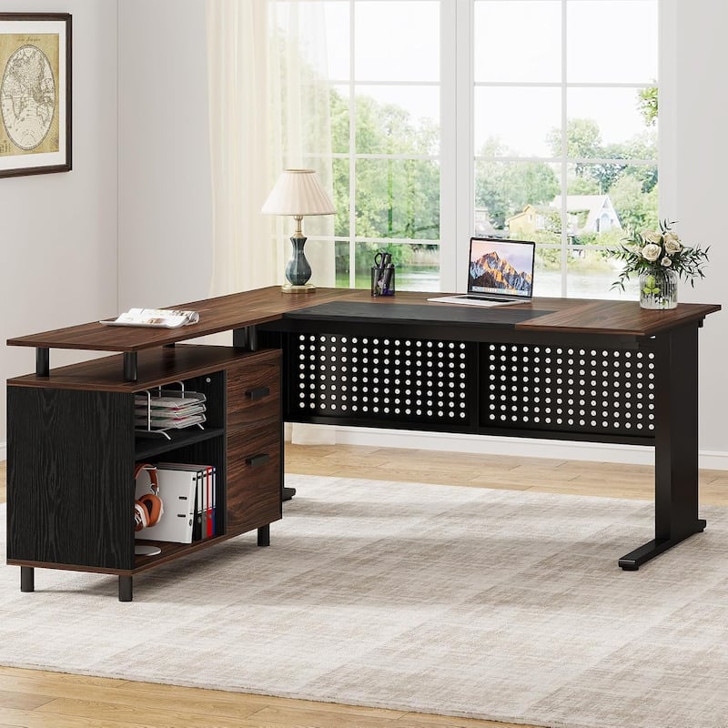 63'' Executive Desk, L Shaped Large Office Desk with File Cabinet