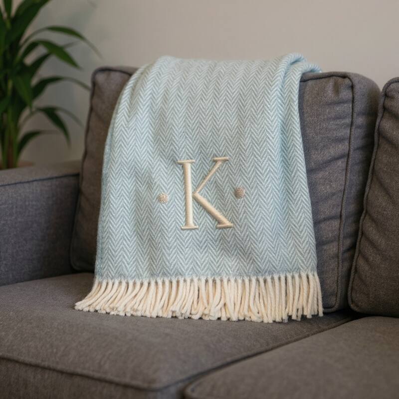 55" X 70" Sky Blue And White Herringbone Cotton Blend S Initial Throw Blanket with Tassels And Embroidery