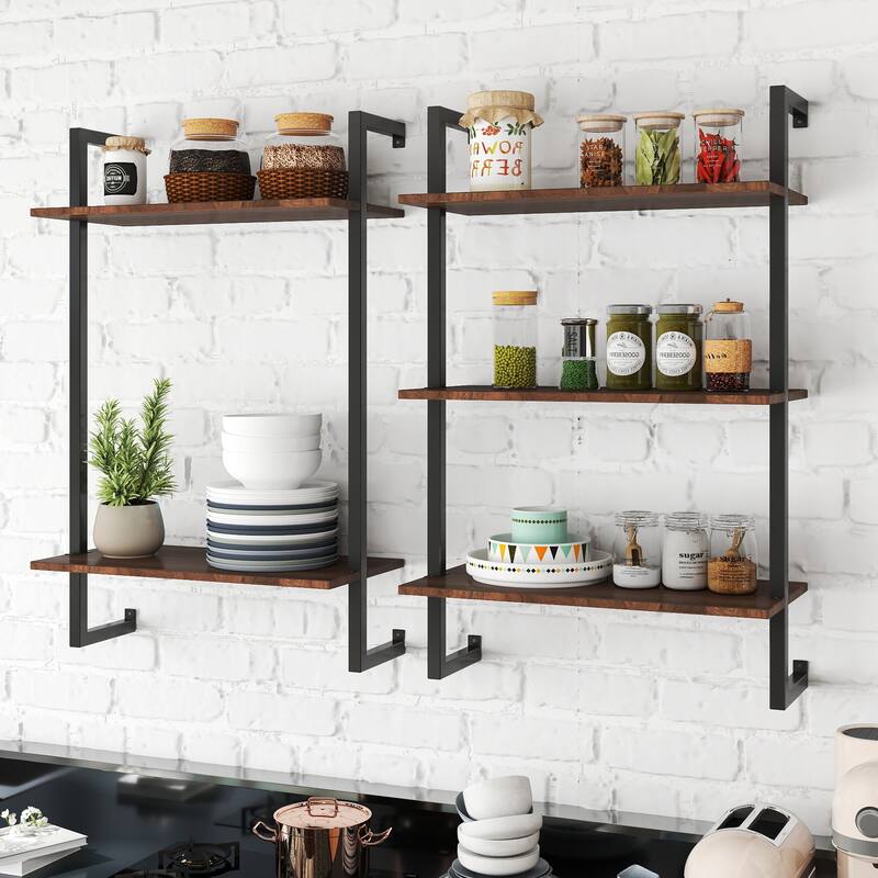 GDFStudio - Sara Industrial Wall-Mounted 3-Tier and 2-Tier Wood & Metal Floating Shelves