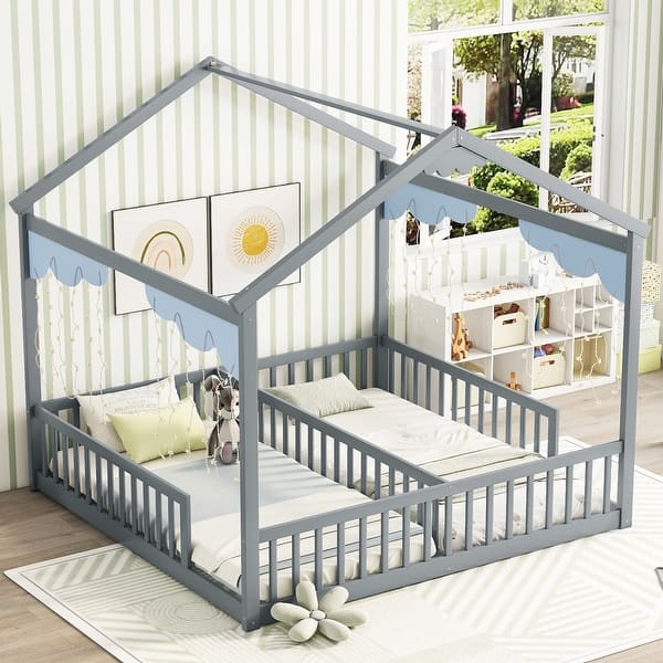 slide 2 of 7, Double Twin Size Pine Wood House Floor Bed w/Fence & Guardrails, Grey Grey - Twin