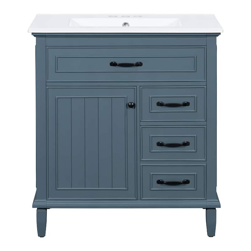 30 Inch Bathroom Vanity with Ceramic Sink Top, Flip Drawers, Freestanding Storage Cabinet (Faucet Not Included)