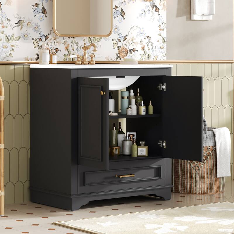 30'' Freestanding Bathroom Vanity with Single White Integrated Ceramic Sink - 30.5'' x 18.4'' x 33.9''