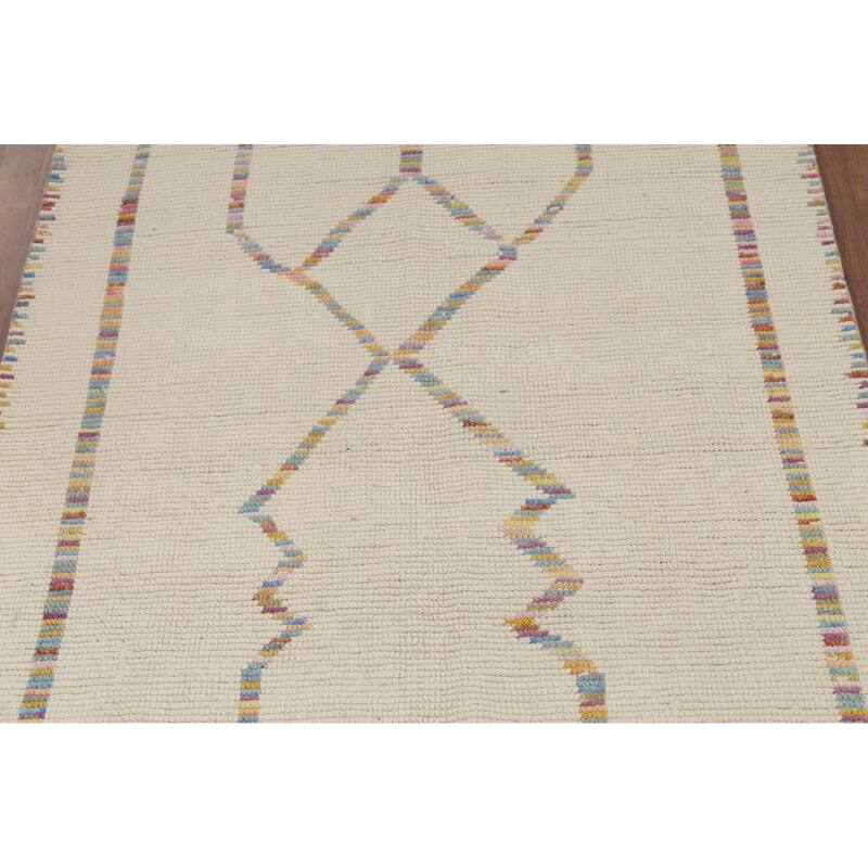 Ivory Moroccan Area Rug Hand-Knotted Stripe Wool Carpet - 4'11"x 8'8"