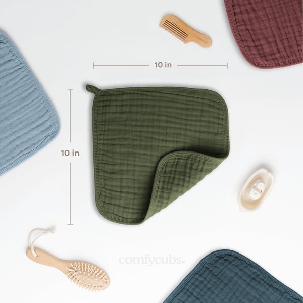 dimension image slide 14 of 18, Muslin Baby Washcloths, Soft 10"x10" Cotton by Comfy Cubs