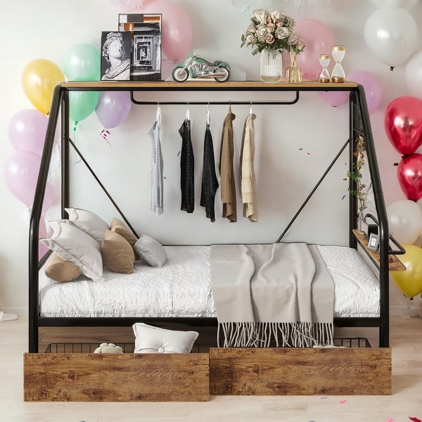 slide 2 of 11, Black Full Size Metal Frame Platform Bed with Clothes Rack, Kids Bed with Storage Shelves and 2 Drawers Black - Full