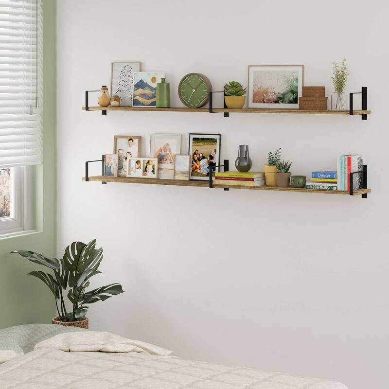 Wallniture Toledo 60"x6" Wood Floating Shelves, Wall Bookshelf, Rustic Floating Shelf (Set of 2)