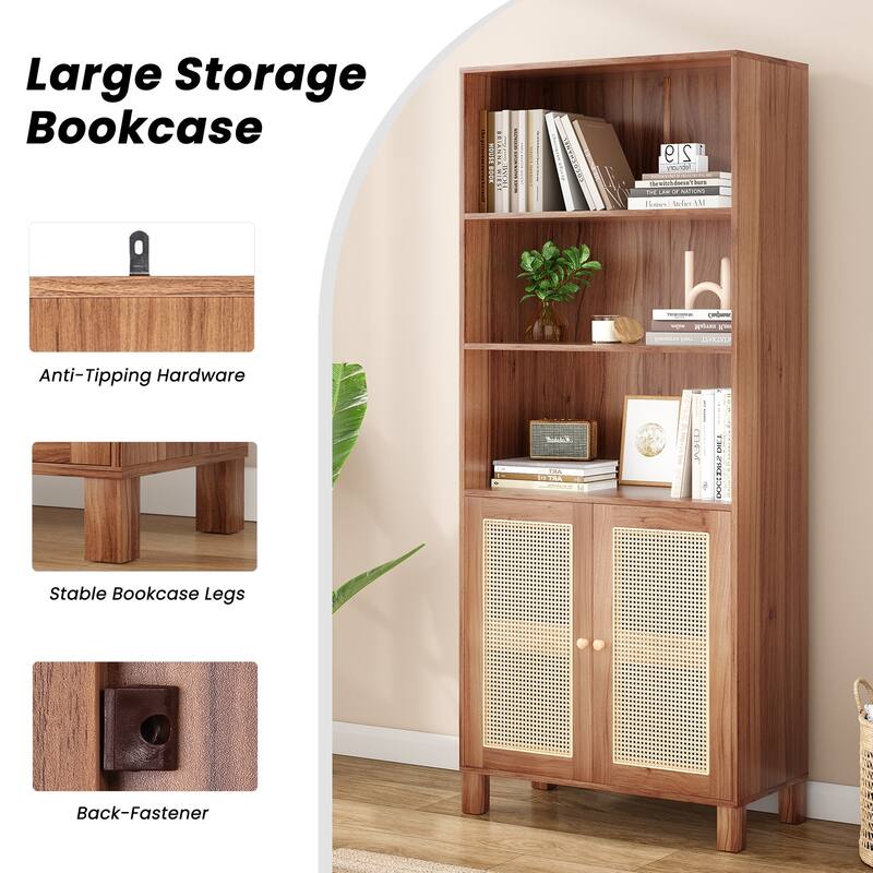 Tall Bookcase with Rattan Doors,5 Tier Storage Wood Shelves Large Bookshelf for Library Living Room Bedroom Home Office