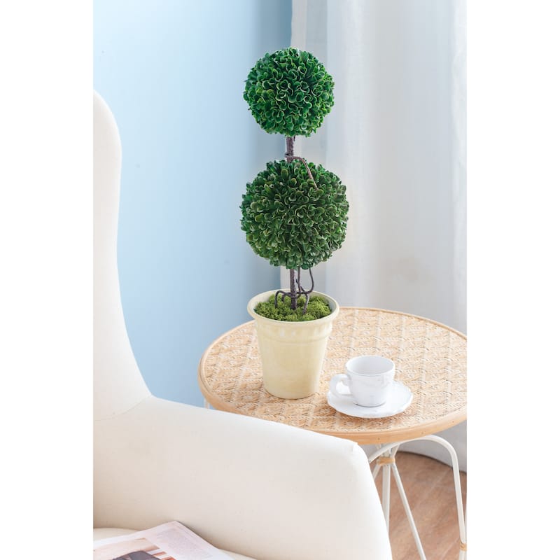 D7x22"H Two-Tiered Faux Boxwood Sphere Topiary in Cream Pot