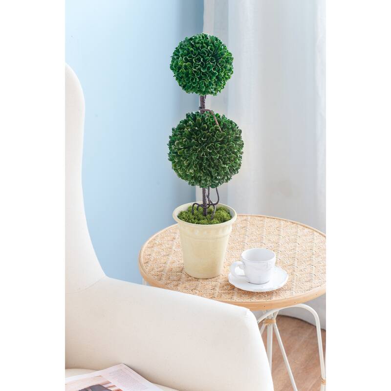 Two-Tiered Faux Boxwood Sphere Topiary in Cream Pot - Green