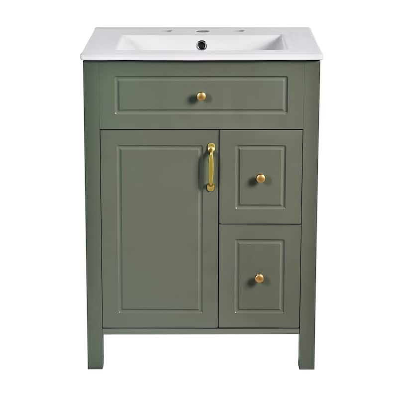 24-Inch Bathroom Vanity with Ceramic Sink, 1 Soft Close Door, 2 Soft Close Drawers, and Double Storage Racks on the Door