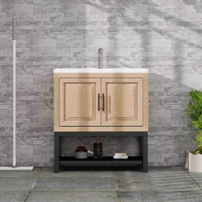 32" Bathroom Vanity with White Ceramic Sink & Hot and Cold Faucet, Freestanding Bathroom Cabinet with 2 Storage Doors - Natural