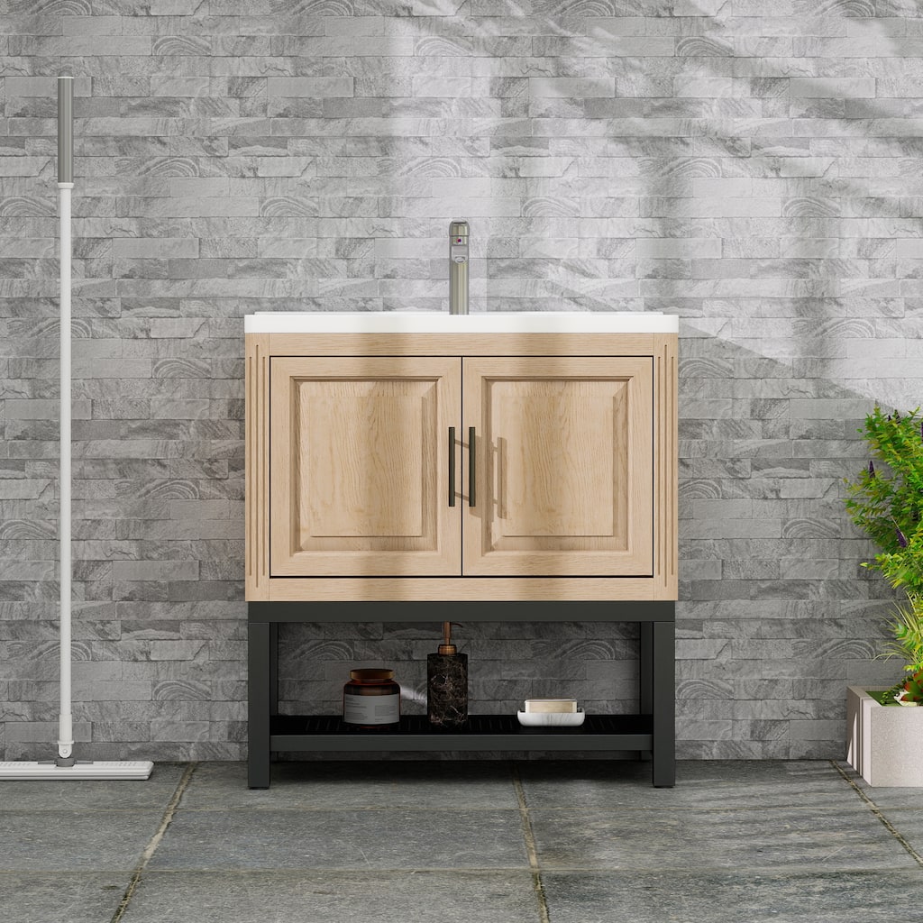 32" Bathroom Vanity with White Ceramic Sink & Hot and Cold Faucet, Freestanding Bathroom Cabinet with 2 Storage Doors