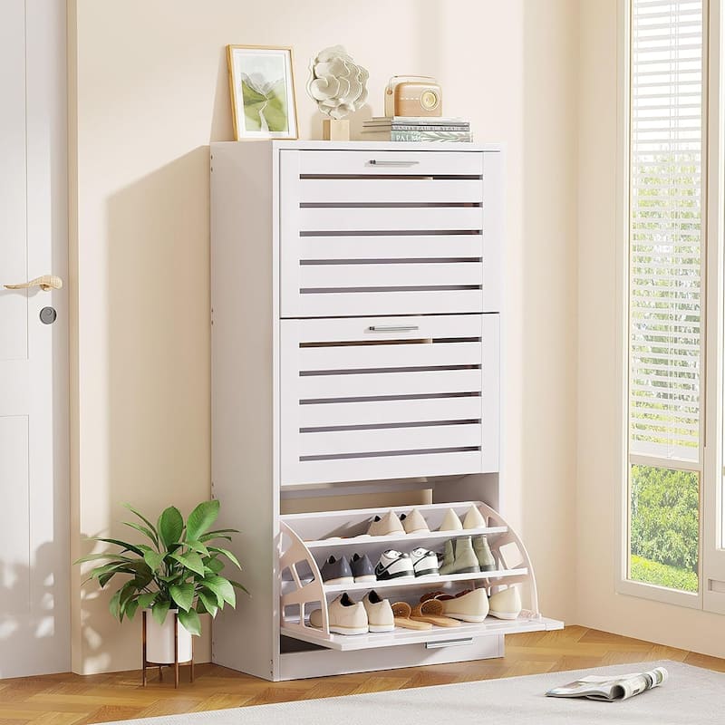 VECELO White 3-Tier Shoe Cabinet with Flip Drawer Silver Handles 47.24" Tall MDF Rack Removable laminate Design for Entryway - White
