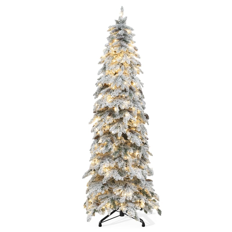 Elegant Pre-Lit Artificial Christmas Tree Collection , Multiple Styles with Remote Control & Snow Flocking - White-Slim - 7.5 Foot