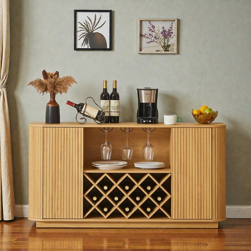 58 in Modern Wavy Curve Sideboard with Wine Rack, Glassware Holder and Adjustable Shelves, Buffet Cabinet for Kitchen - Natural