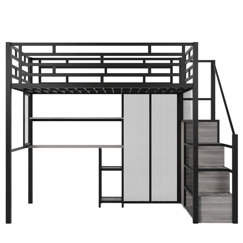 Black Full Size Metal Loft Bed with Wardrobe, Desk, and Storage Shelves