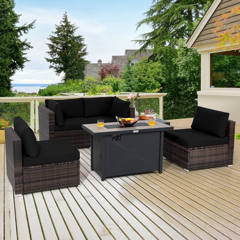Costway 6PCS Patio Furniture Set Rattan Cushioned Sofa Gas Fire Pit - See Details - Black