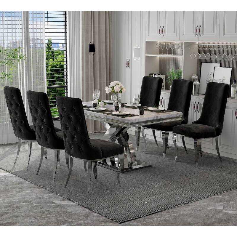 Silver Dining Room Table Set with 65 inch Table and Black Velvet Dining Chairs