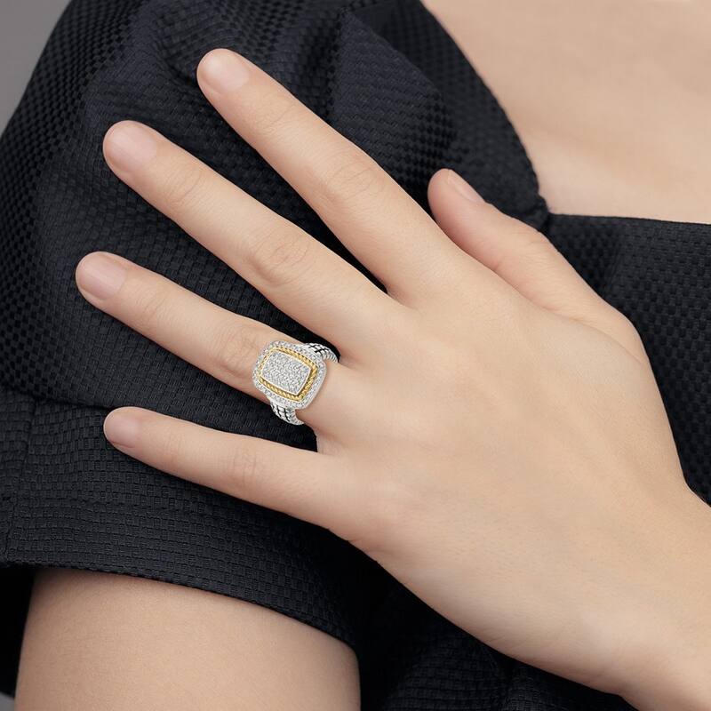 Curata 925 Sterling Silver Textured Polished and 14k Yellow Diamond Ring