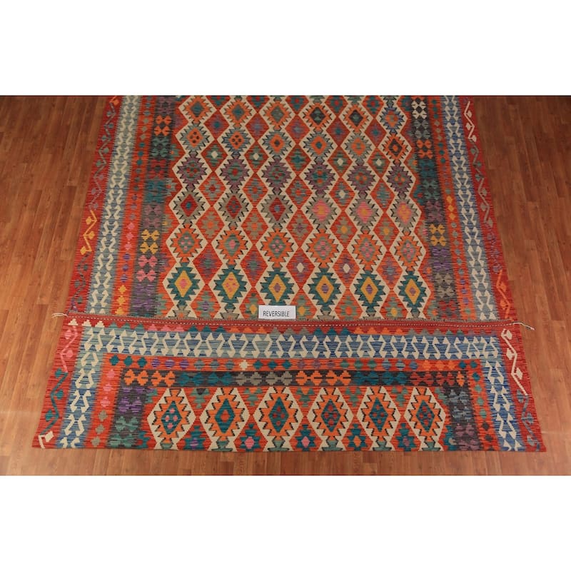Geometric Kilim Oriental Large Rug Hand-Woven Southwestern Wool Carpet - 10'2"x 16'1"