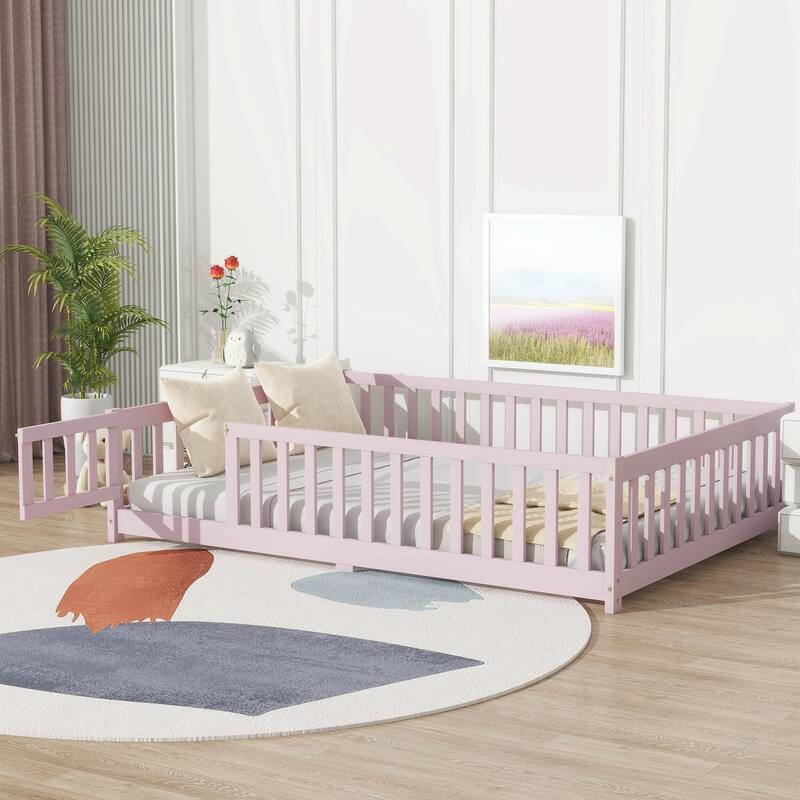 Floor Bed with Fence and Door, Rubber Wood Floor Bed with Safety Guardrails