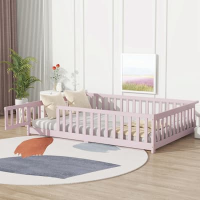 Floor Bed with Fence and Door, Rubber Wood Floor Bed with Safety Guardrails