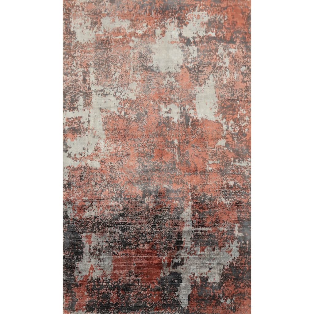 Hand Knotted Oriental Viscose Silk Carpet Modern Abstract Oranges & Rust Abstract Area Rug - 8' 0'' X 5' 0''