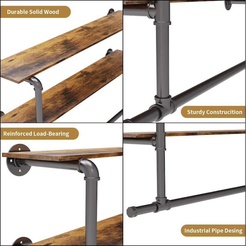 2 Tier Clothes Display Rack Pipe w/Wood Shelves for Garment Storage