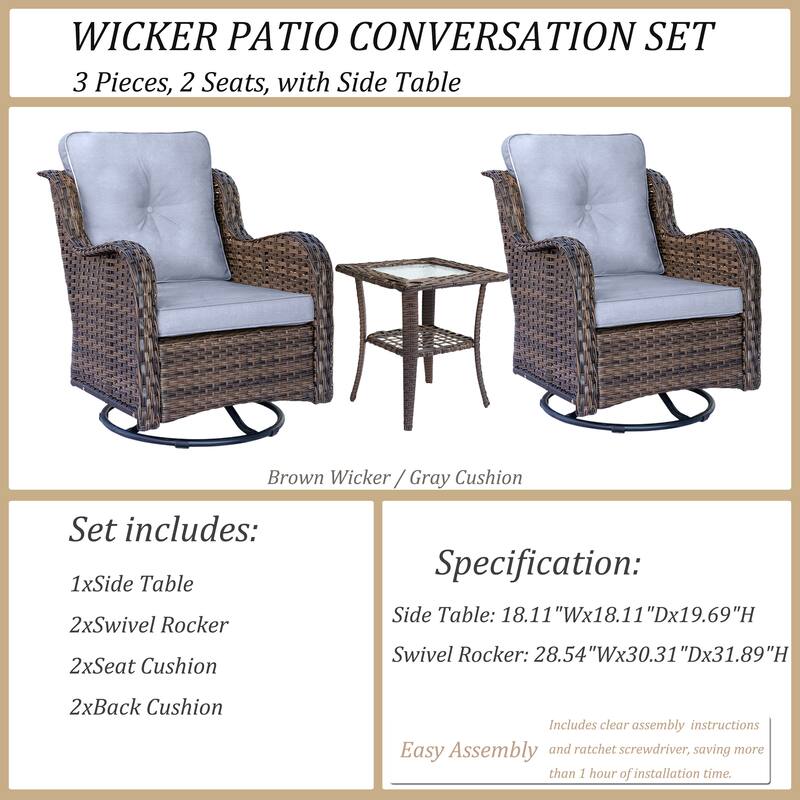 3 Piece Outdoor Patio Conversation Wicker Furniture Swivel Chairs Sets