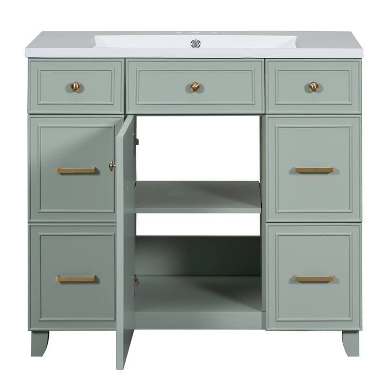 36" Black Bathroom Vanity Cabinet with Single Sink, Soft-Close Door, 3 Drawers, Waterproof Resin Sink