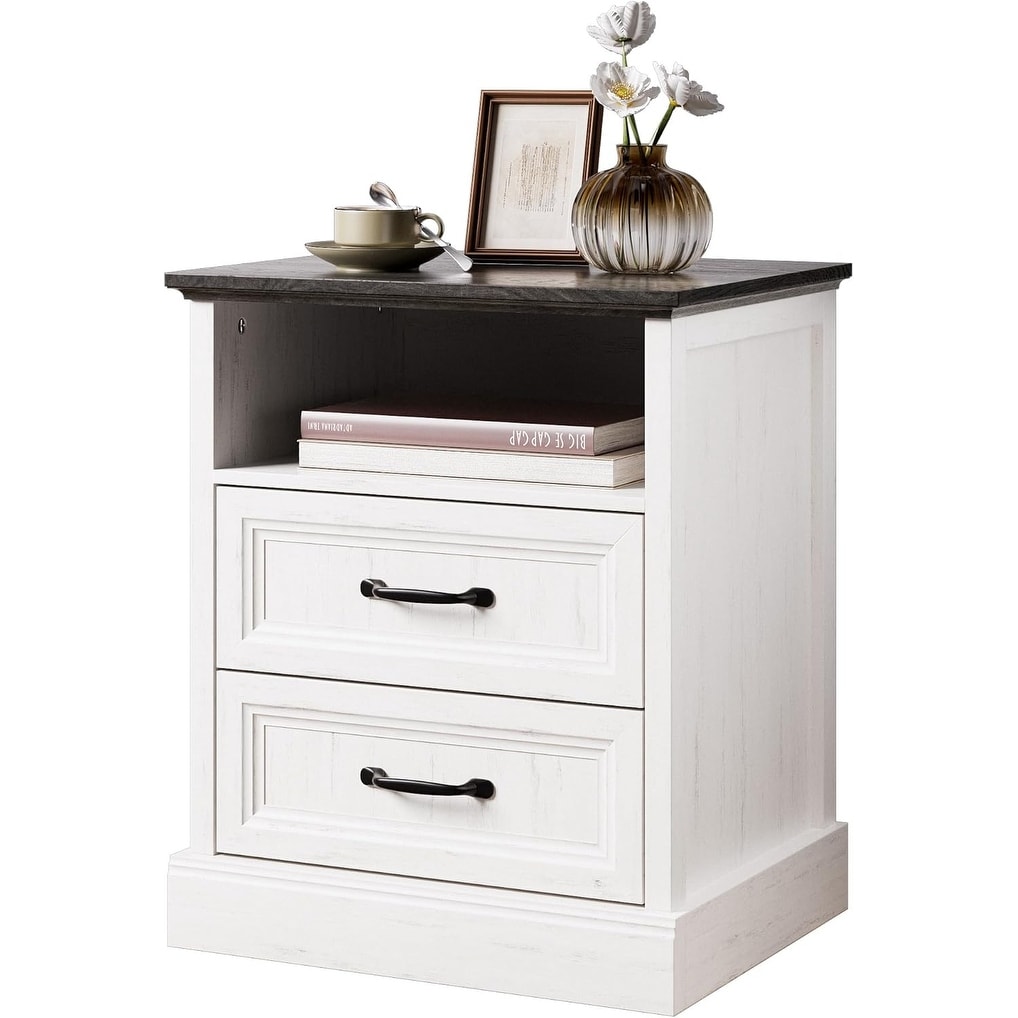 Farmhouse Style Night Stand with 2 Drawers and Open Shelf, Wooden End Table for Bedroom or Living Room, White