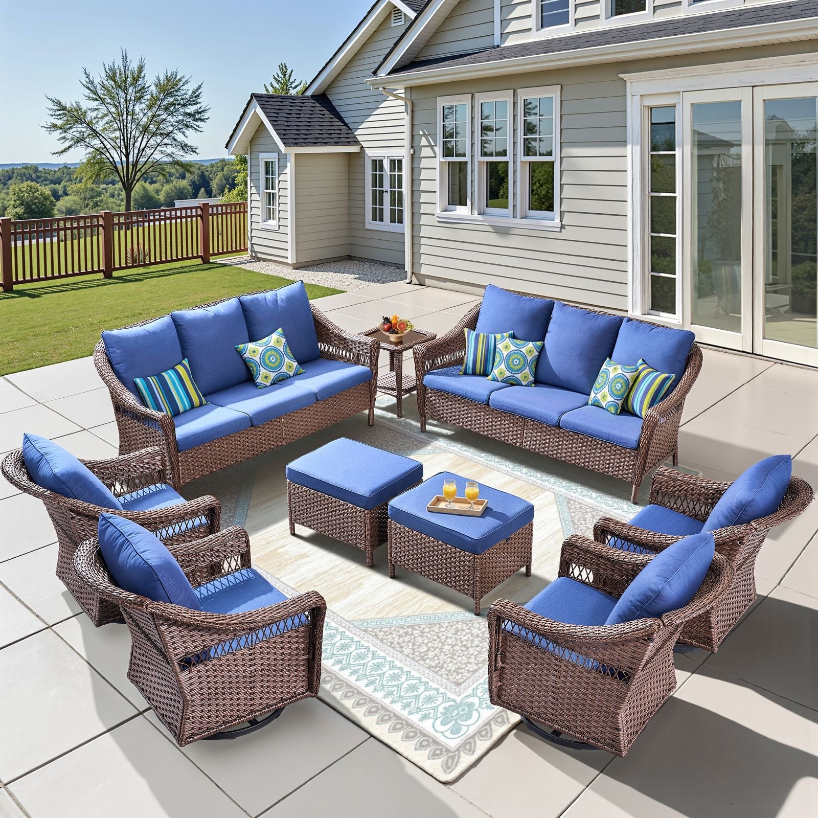 Pocassy 9 Pieces Patio Sofa Swivel Chair with Ottomans
