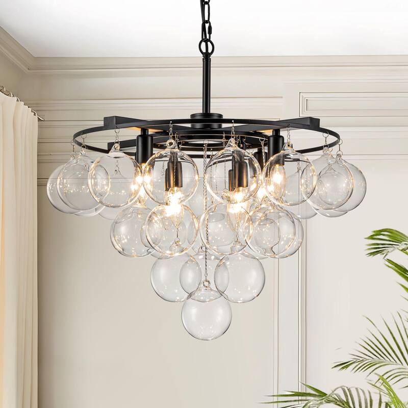 Starsky 8 - Light 23in. Modern Glam Cluster Glass Bubble Chandelier with 28 Clear Glass Globe Bubble - Globe Bubble - Black