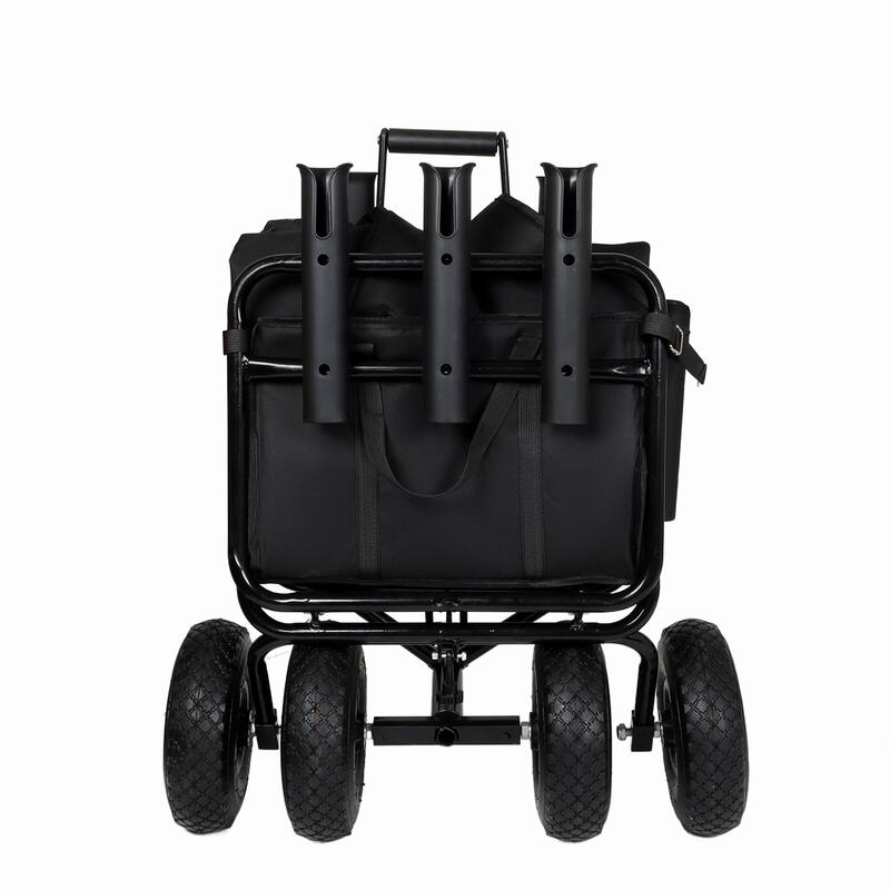 Fishing Cart Beach Cart Collapsible Wagon w/11'' All-Terrain Wheels for Sand, Heavy Duty Garden Cart with Rod Holders