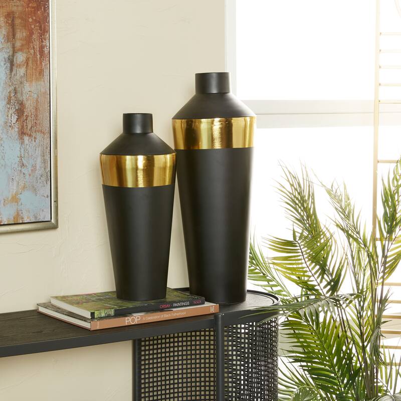 Elegant Metal Vase with Gold Band Detailing (Set of 2) - Black or White - Black