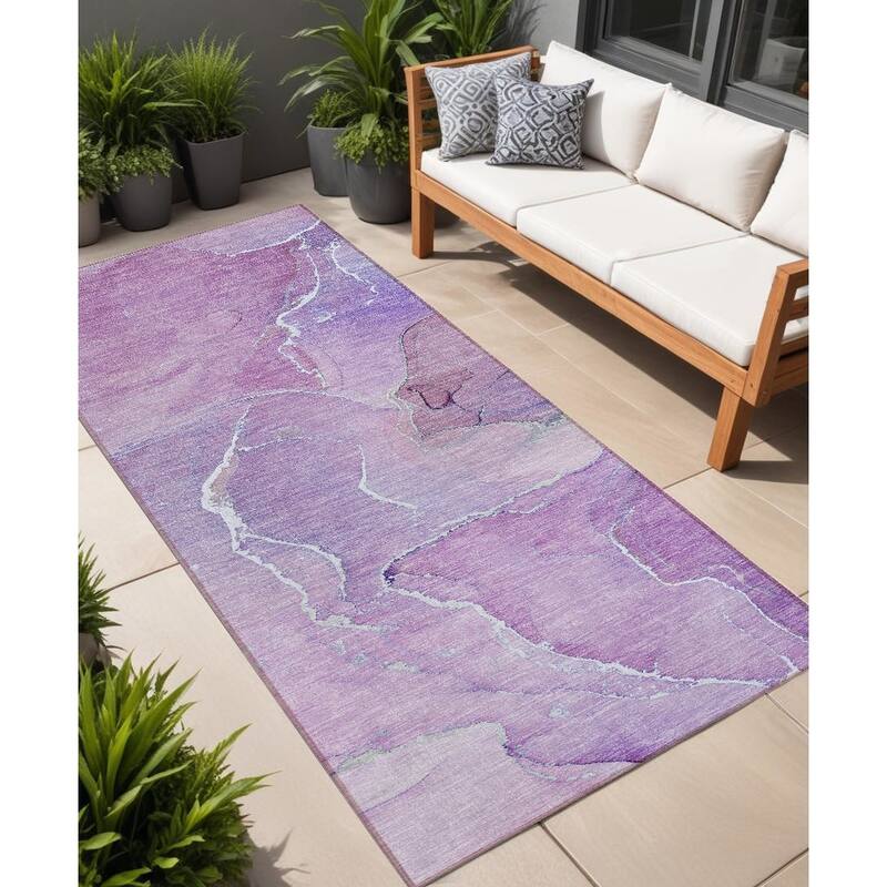 Almisi Artistic Abstract Weather Resistant Classic Meets Modern Outdoor Rug - 8' Runner - Purple