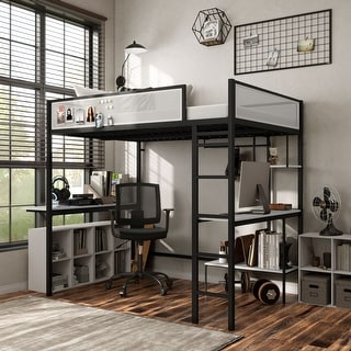 Furniture of America Jackson Modern Black Metal Loft Bed with Dual Desks and Closet Rod