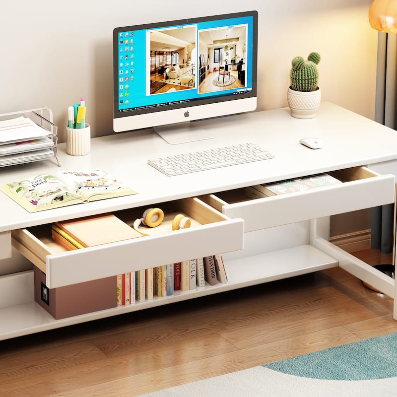 Wooden Desk and Chair Set, Extra Long Computer Desk 2 Person Desk, Double Office Desk