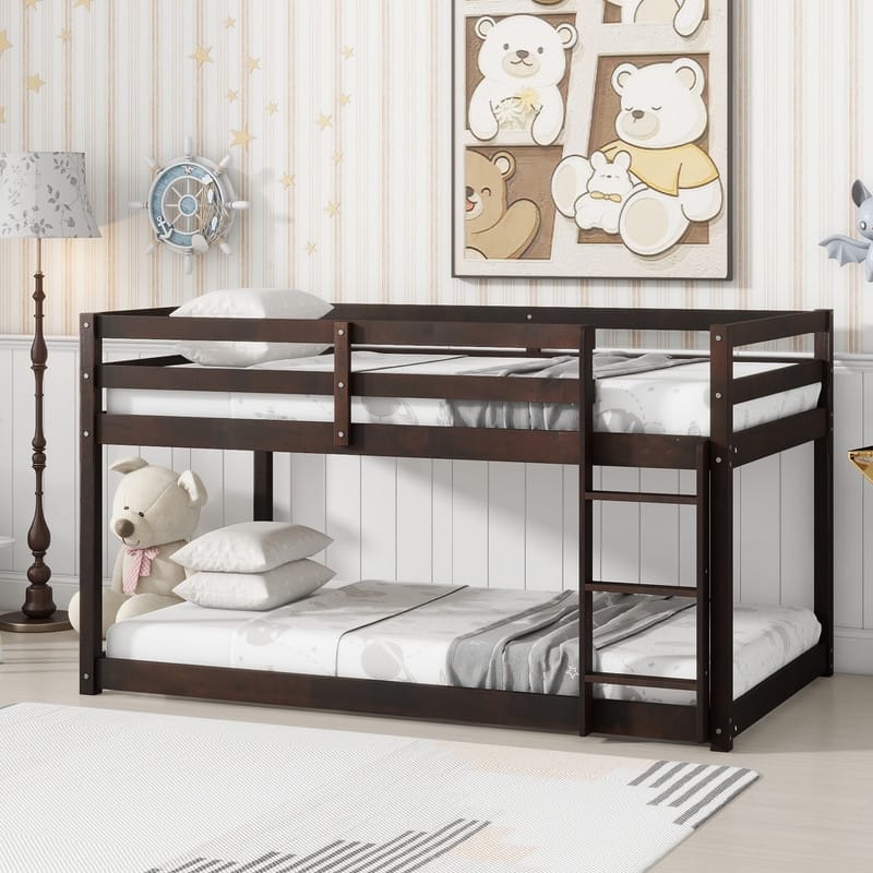 Wooden Twin over Twin Floor Bunk Bed with Ladder, Strengthened Slats