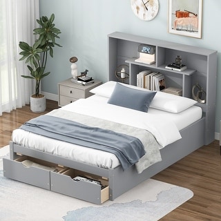 Full Size Platform Bed with Storage Headboard and 2-Drawers, Grey